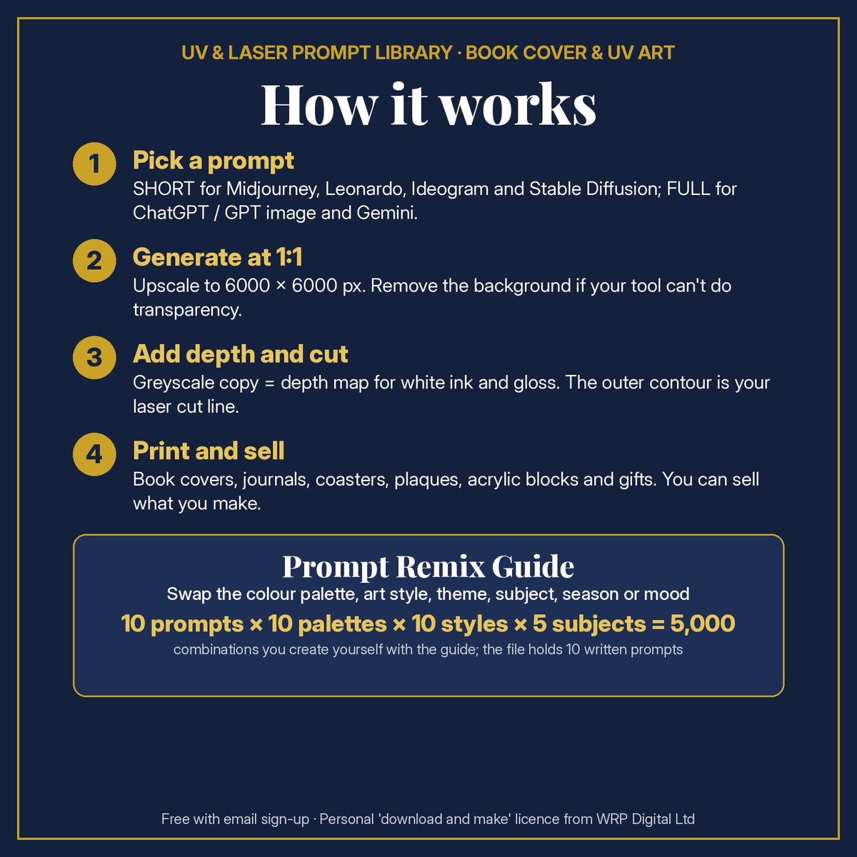 How the Free UV Print & Book Cover Sample Pack works: pick a prompt, generate at 1:1, add depth and a laser cut line, then print and sell; Remix Guide gives 5,000 combinations