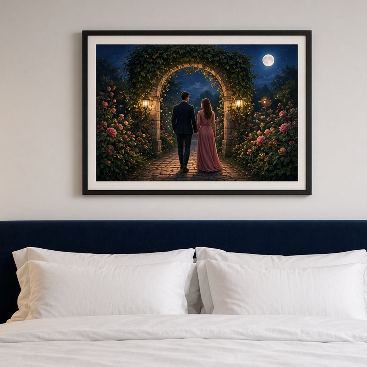 Romantic ivy-covered garden gateway with a couple stepping into a moonlit rose garden shown as a flat framed print in a bedroom, made with prompt #201