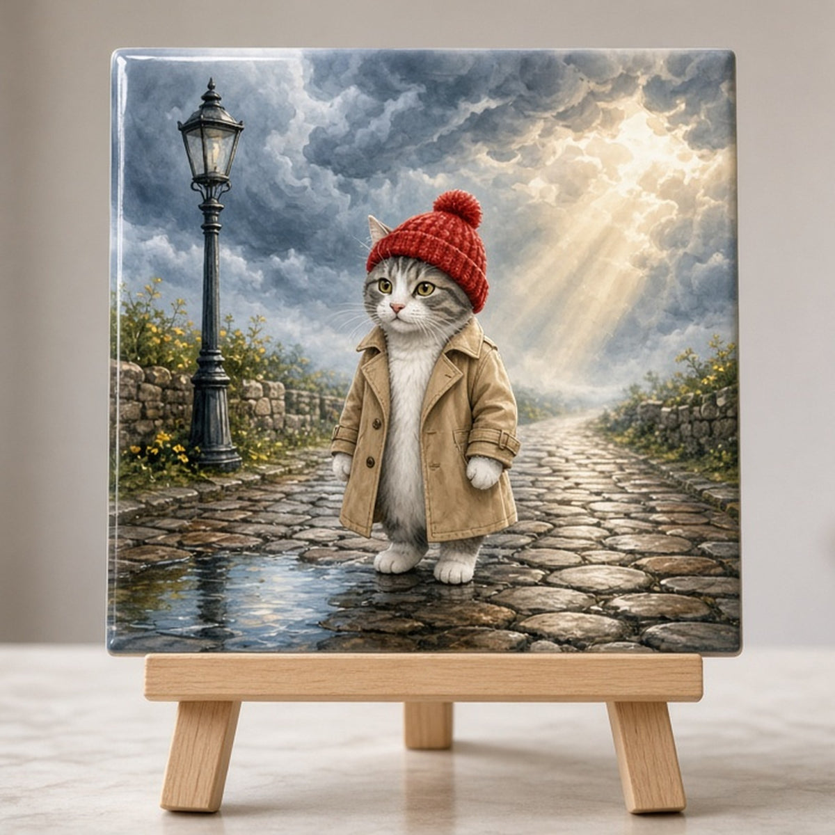 Playful cat in a trench coat and bobble hat on a cobbled lane as a storm rolls in printed flat on a ceramic tile, made with prompt #1126