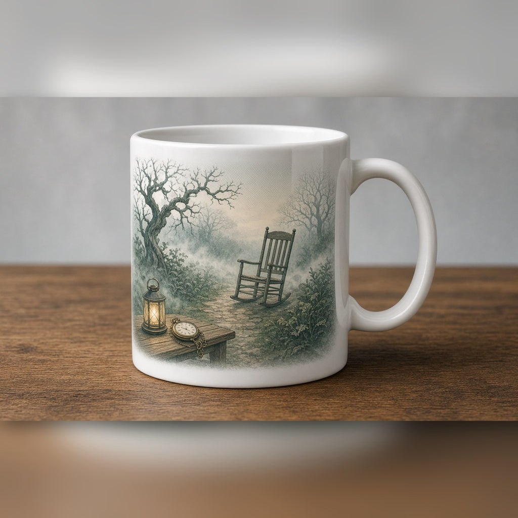 Vintage retro misty garden with a rocking chair, lantern and pocket watch printed flat on a mug, made with prompt #2076