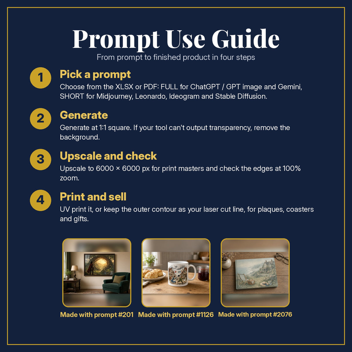 Prompt Use Guide for the Fantasy, Sci-Fi & Saga Library: pick a prompt, generate, upscale and check, print and sell, with sample products made with the pack's prompts