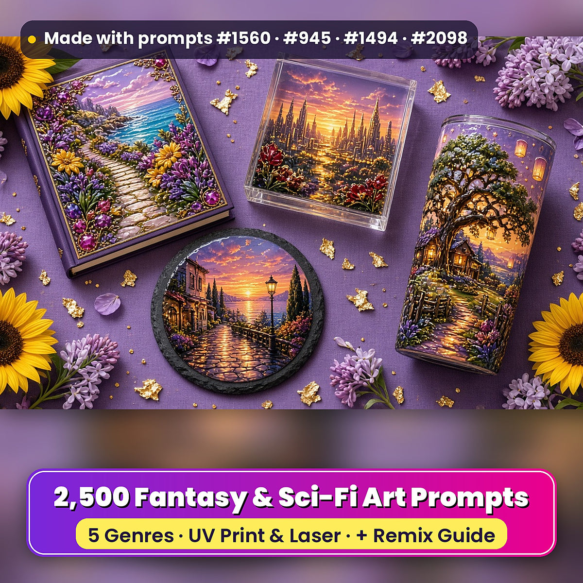 2,500 Fantasy Sci-Fi Saga Art Prompts Bundle: Made with prompts #1560 · #945 · #1494 · #2098 – realistic UV-printed mockup
