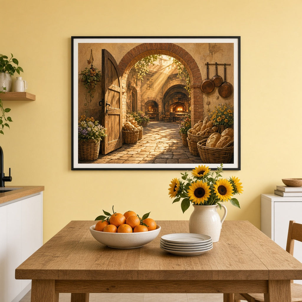 Cinematic brick archway with an open wooden gate into a sunlit cobbled bakery courtyard with bread baskets, glowing ovens and copper pans printed flat on a framed print in a kitchen-diner, made with prompt #201