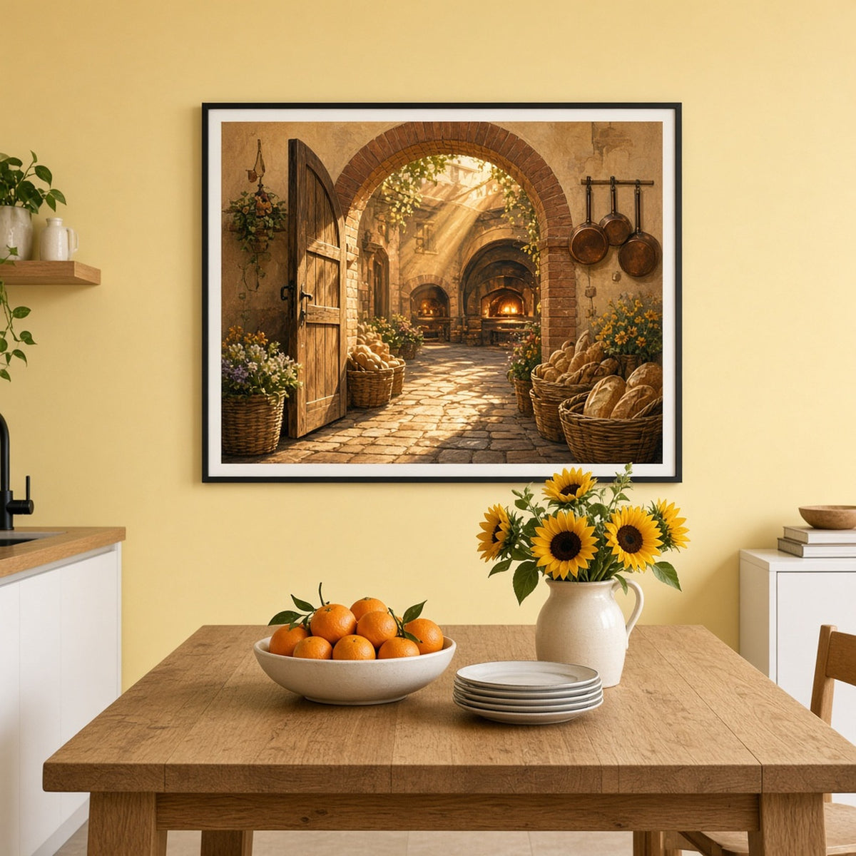 Cinematic brick archway with an open wooden gate into a sunlit cobbled bakery courtyard with bread baskets, glowing ovens and copper pans printed flat on a framed print in a kitchen-diner, made with prompt #201