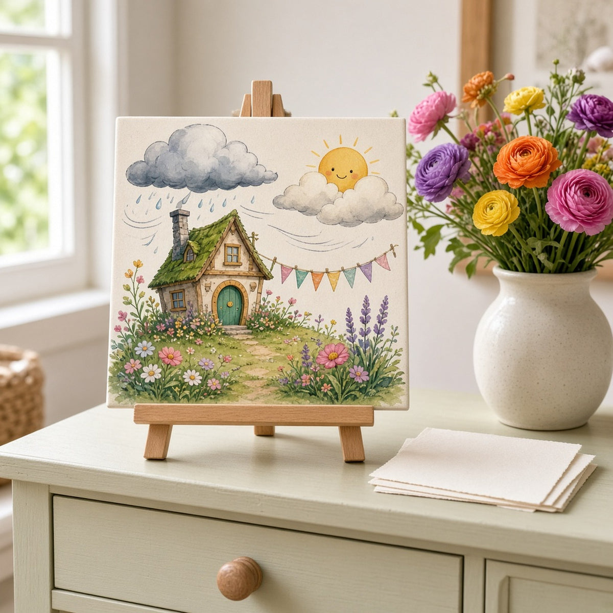 Playful whimsical hilltop cottage with colourful bunting blowing in the wind as a storm cloud rolls in beside a smiling sun printed flat on a ceramic tile, made with prompt #1126