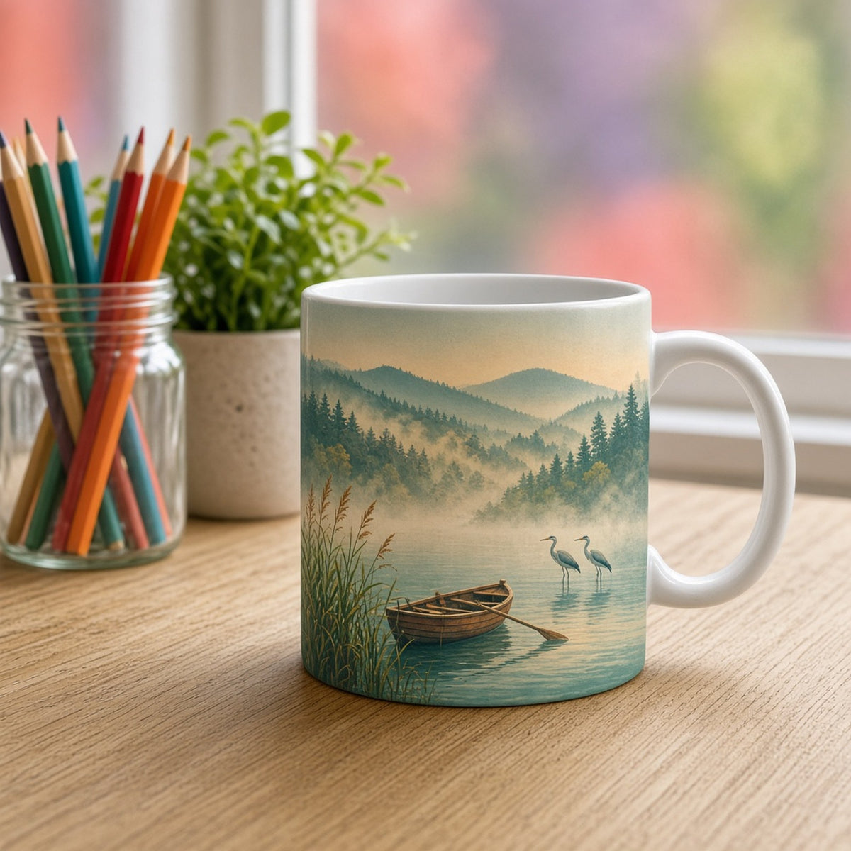 Vintage retro misty lake at dawn with a wooden rowing boat, reeds and two herons below layered pine hills printed flat on a mug, made with prompt #2076