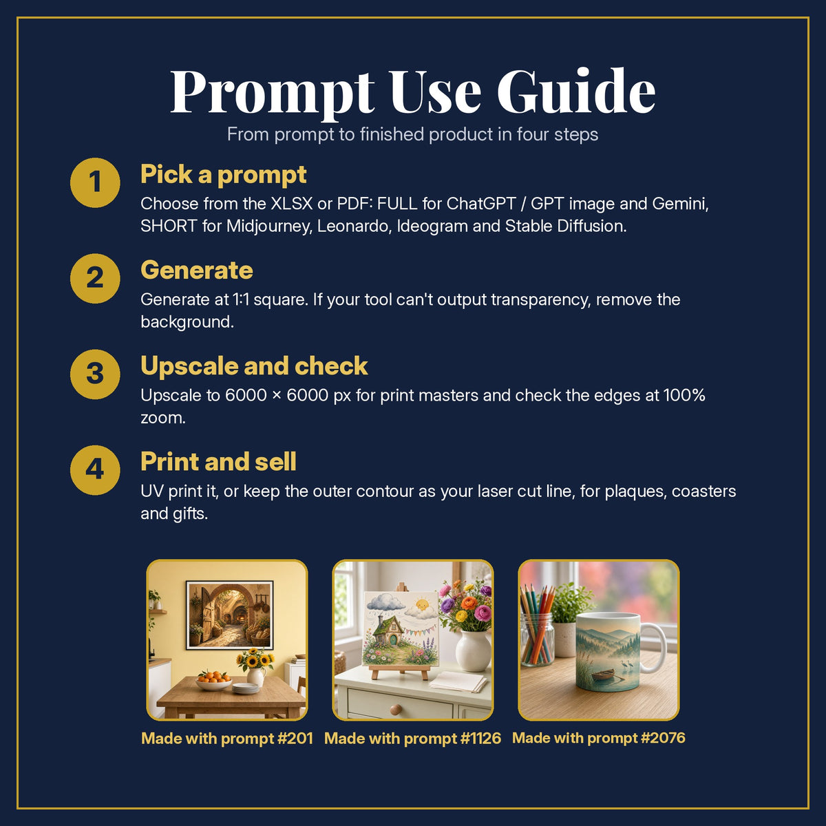 Prompt Use Guide for the Gift, Travel & Activity Books Library: pick a prompt, generate, upscale and check, print and sell, with sample products made with the pack's prompts