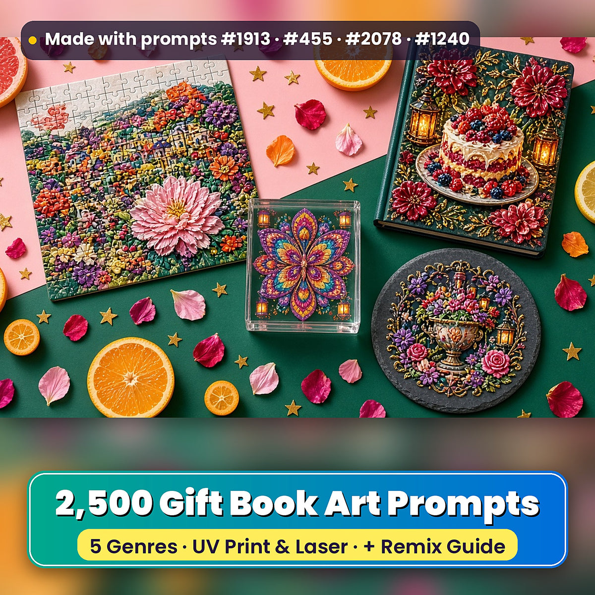 2,500 Gift Book Art Prompts Bundle: Made with prompts #1913 · #455 · #2078 · #1240 – realistic UV-printed mockup
