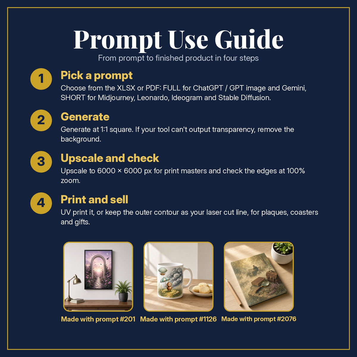 Prompt Use Guide for the Gothic, Steampunk & Academia Library: pick a prompt, generate, upscale and check, print and sell, with sample products made with the pack's prompts