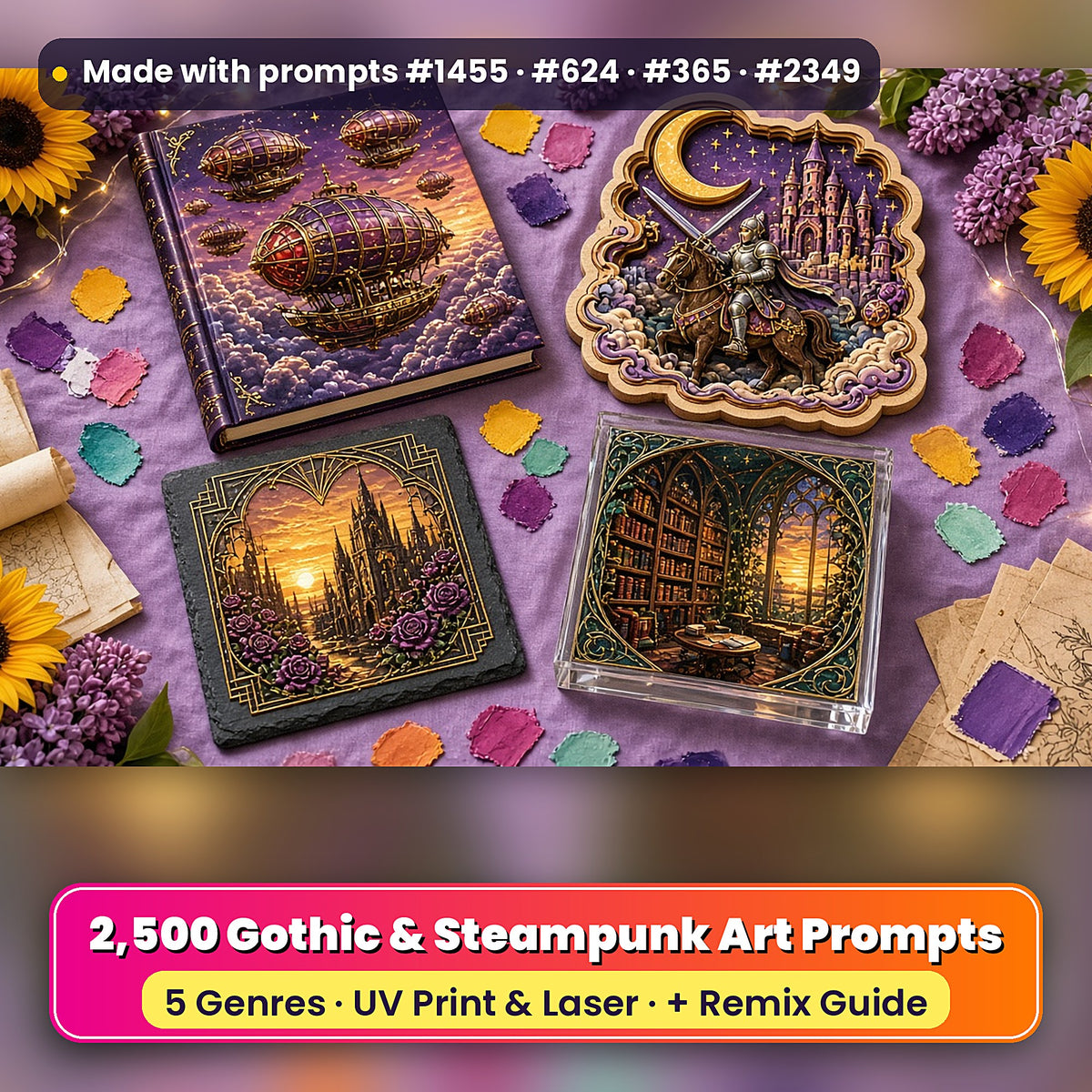 2,500 Gothic Steampunk Art Prompts Bundle: Made with prompts #1455 · #624 · #365 · #2349 – realistic UV-printed mockup