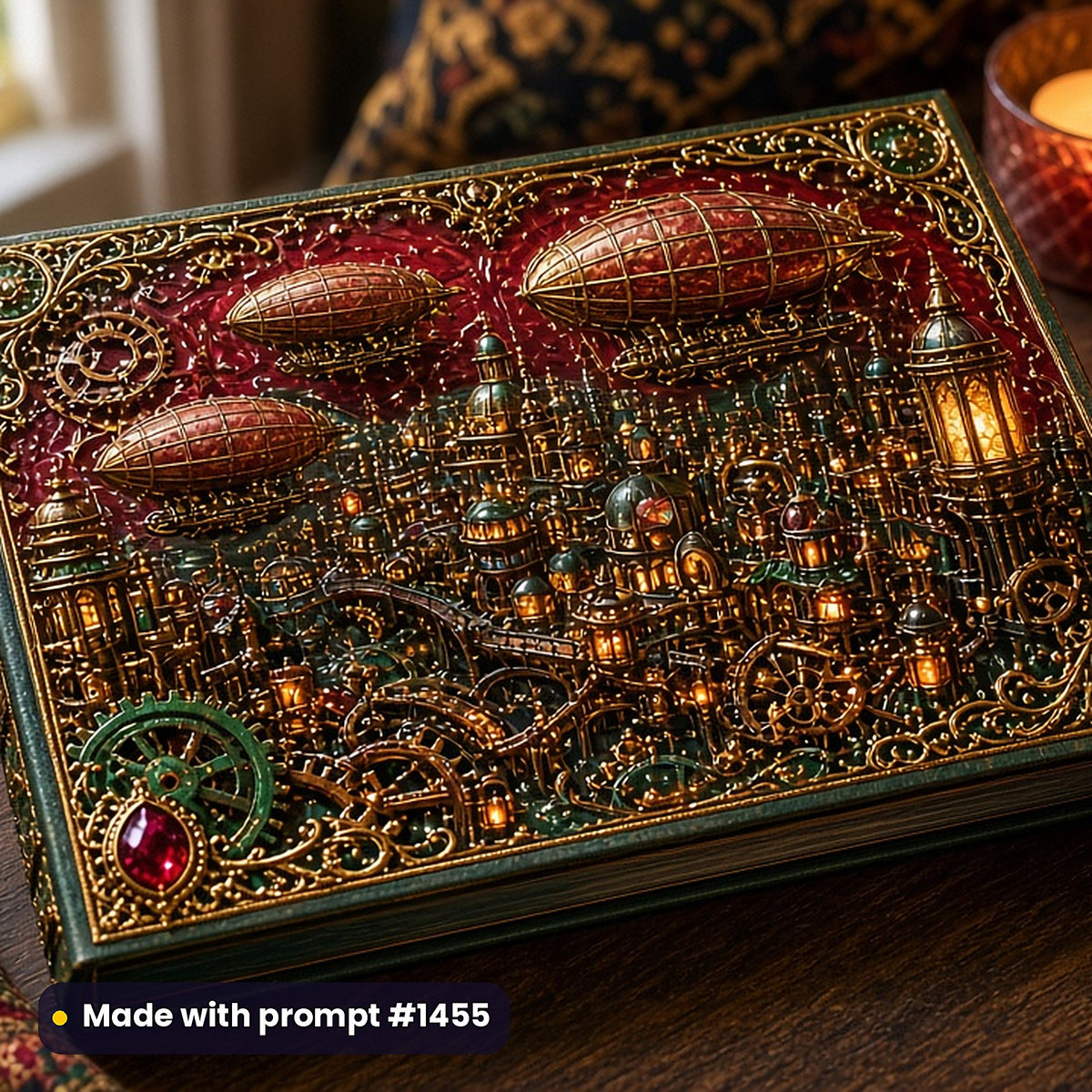 2,500 Gothic Steampunk Art Prompts Bundle: Made with prompt #1455 – realistic UV-printed mockup (Gift Edition — Fire and Light)