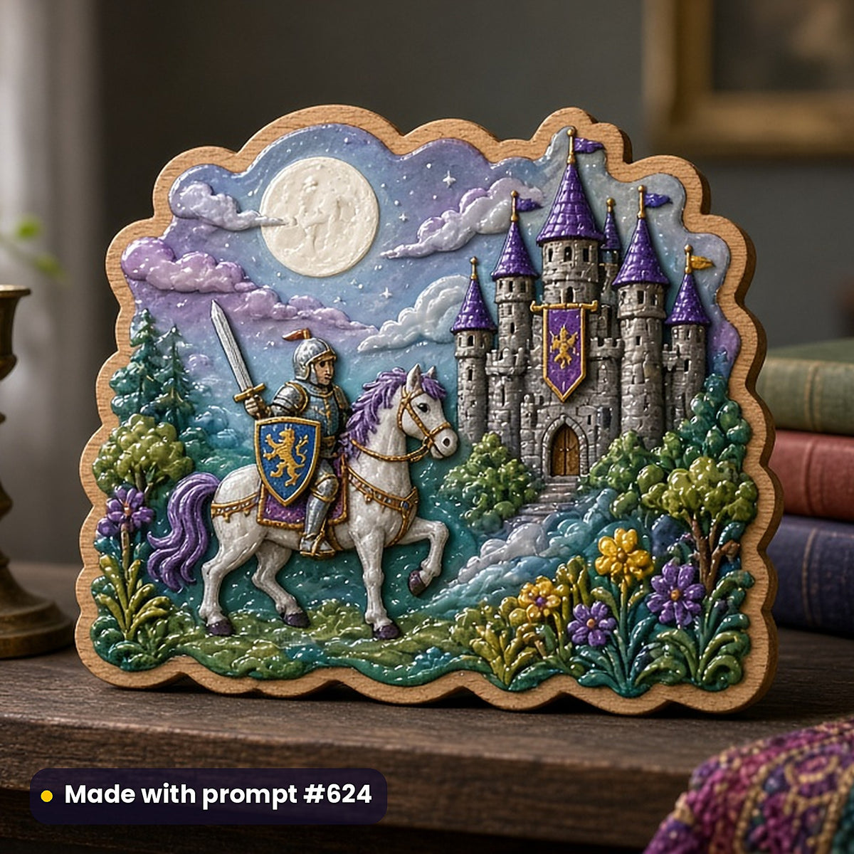 2,500 Gothic Steampunk Art Prompts Bundle: Made with prompt #624 – realistic UV-printed mockup (Playful Whimsical — Moonlit Scene)
