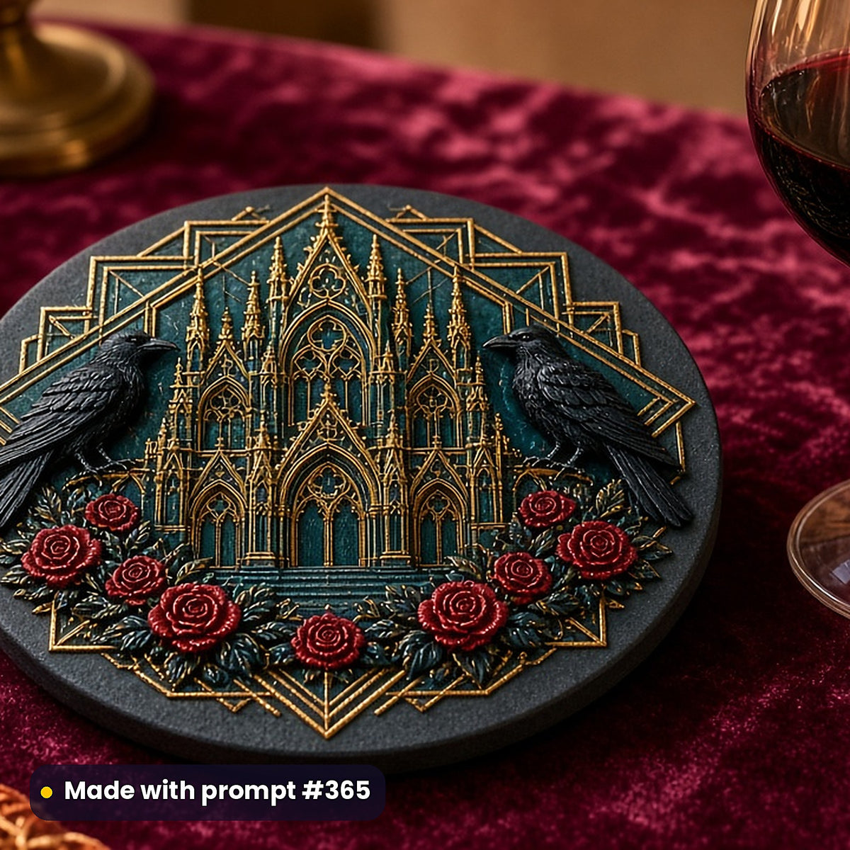 2,500 Gothic Steampunk Art Prompts Bundle: Made with prompt #365 – realistic UV-printed mockup (Art Deco — Golden Hour)