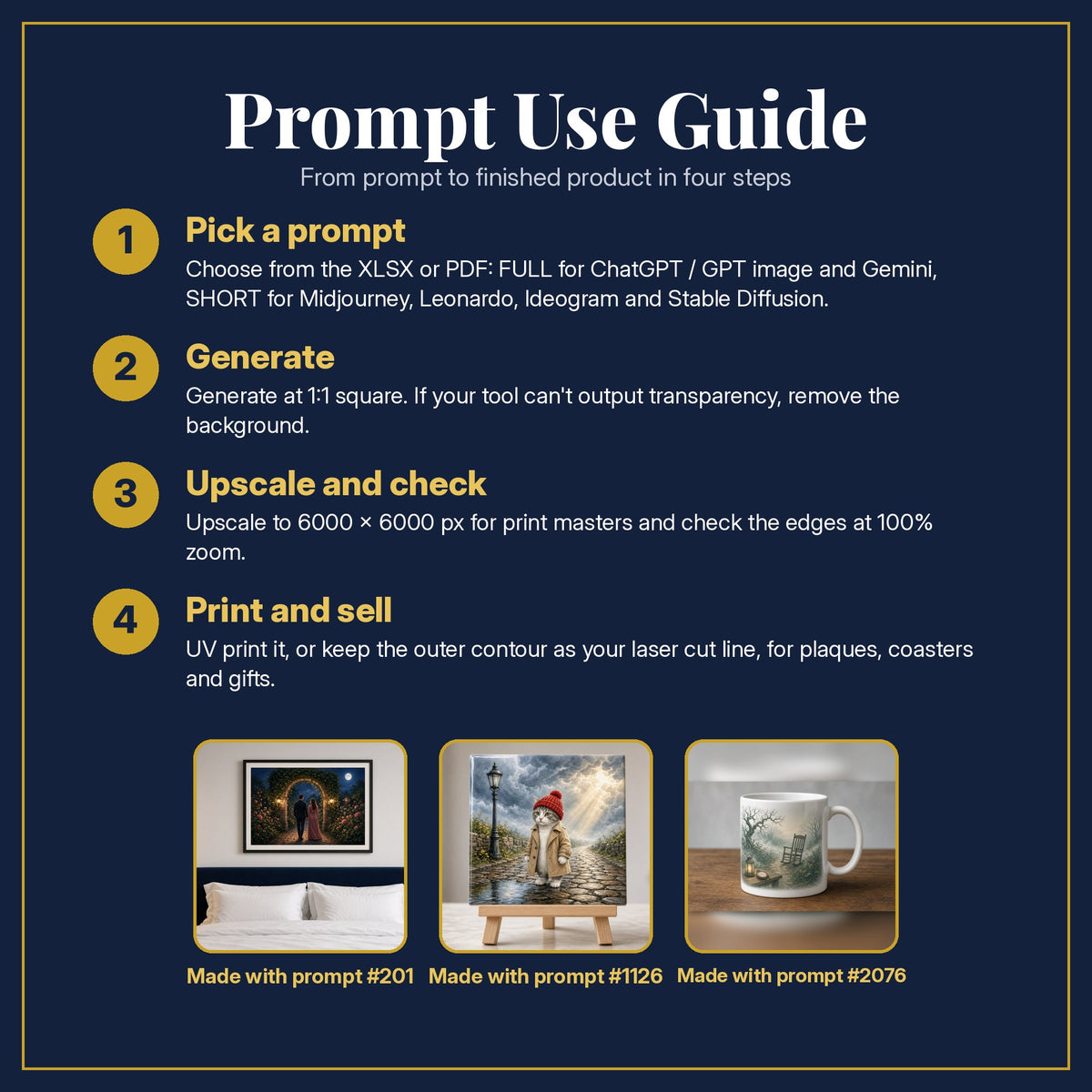 Prompt Use Guide for the Complete UV & Laser Prompt Library: pick a prompt, generate, upscale and check, print and sell, with sample products made with the pack's prompts