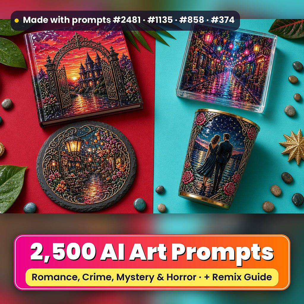 2,500 Romance Crime Mystery Horror Art Prompts Bundle: Made with prompts #2481 · #1135 · #858 · #374 – realistic UV-printed mockup