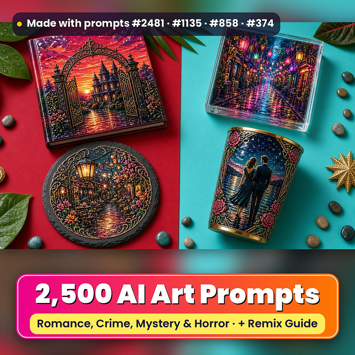 2,500 Romance Crime Mystery Horror Art Prompts Bundle: Made with prompts #2481 · #1135 · #858 · #374 – realistic UV-printed mockup