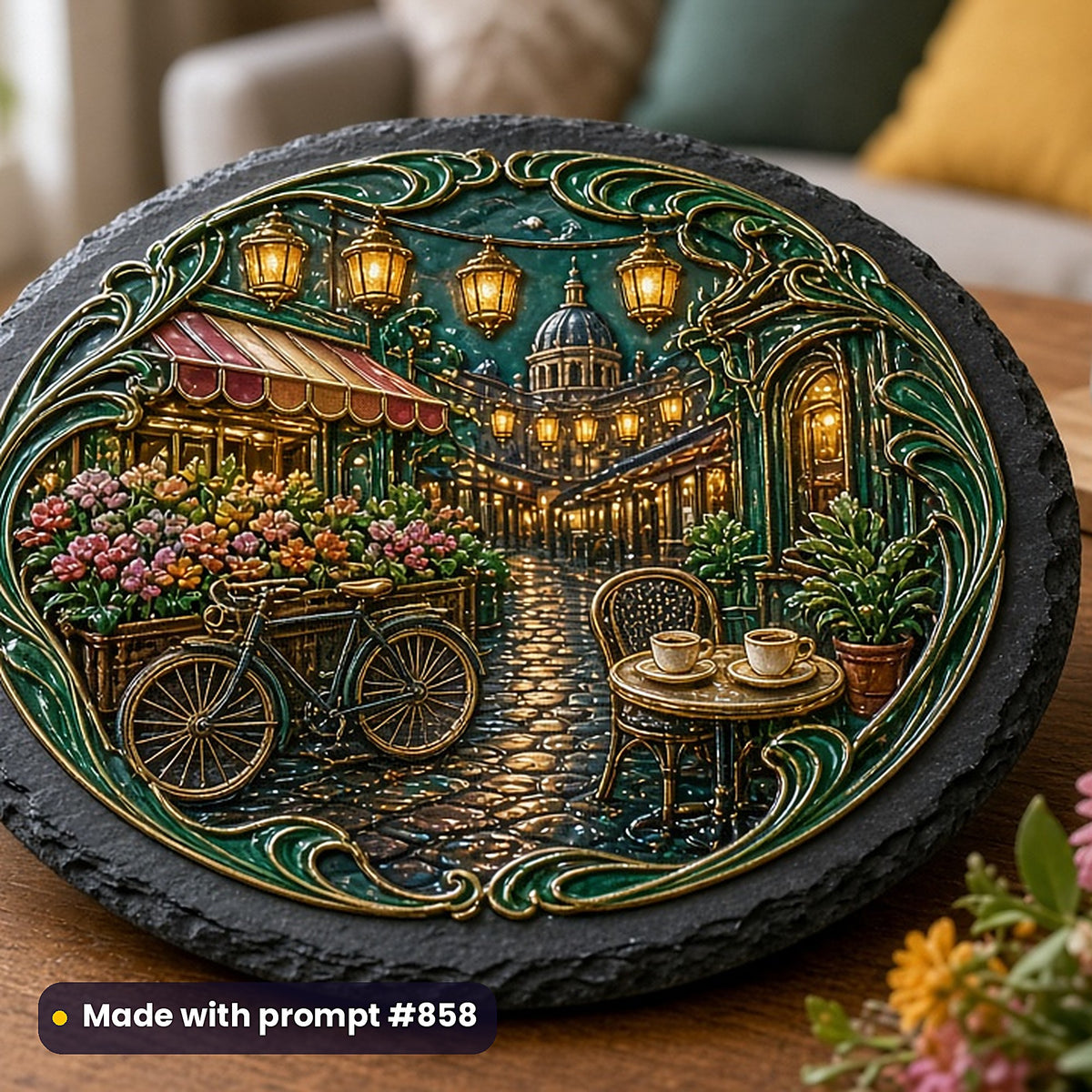 2,500 Romance Crime Mystery Horror Art Prompts Bundle: Made with prompt #858 – realistic UV-printed mockup (Art Nouveau — Festival or Gathering)