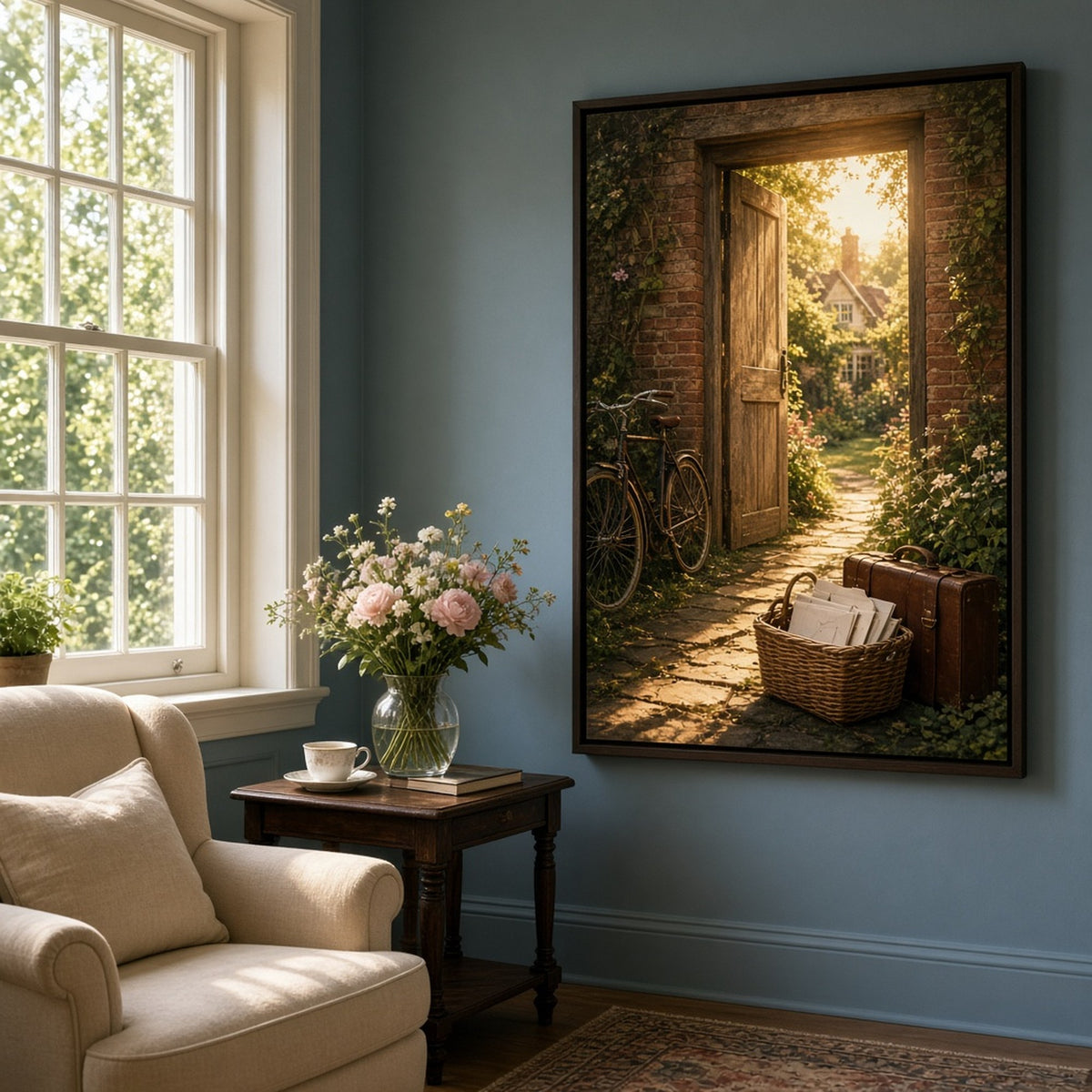 Cinematic painting of an old garden door open in a brick wall with a bicycle, suitcase and basket of letters printed flat on a framed print in a sitting room, made with prompt #201