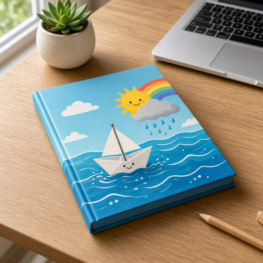 Playful cartoon paper boat sailing toward a friendly storm cloud and rainbow printed flat on a notebook cover, made with prompt #1126