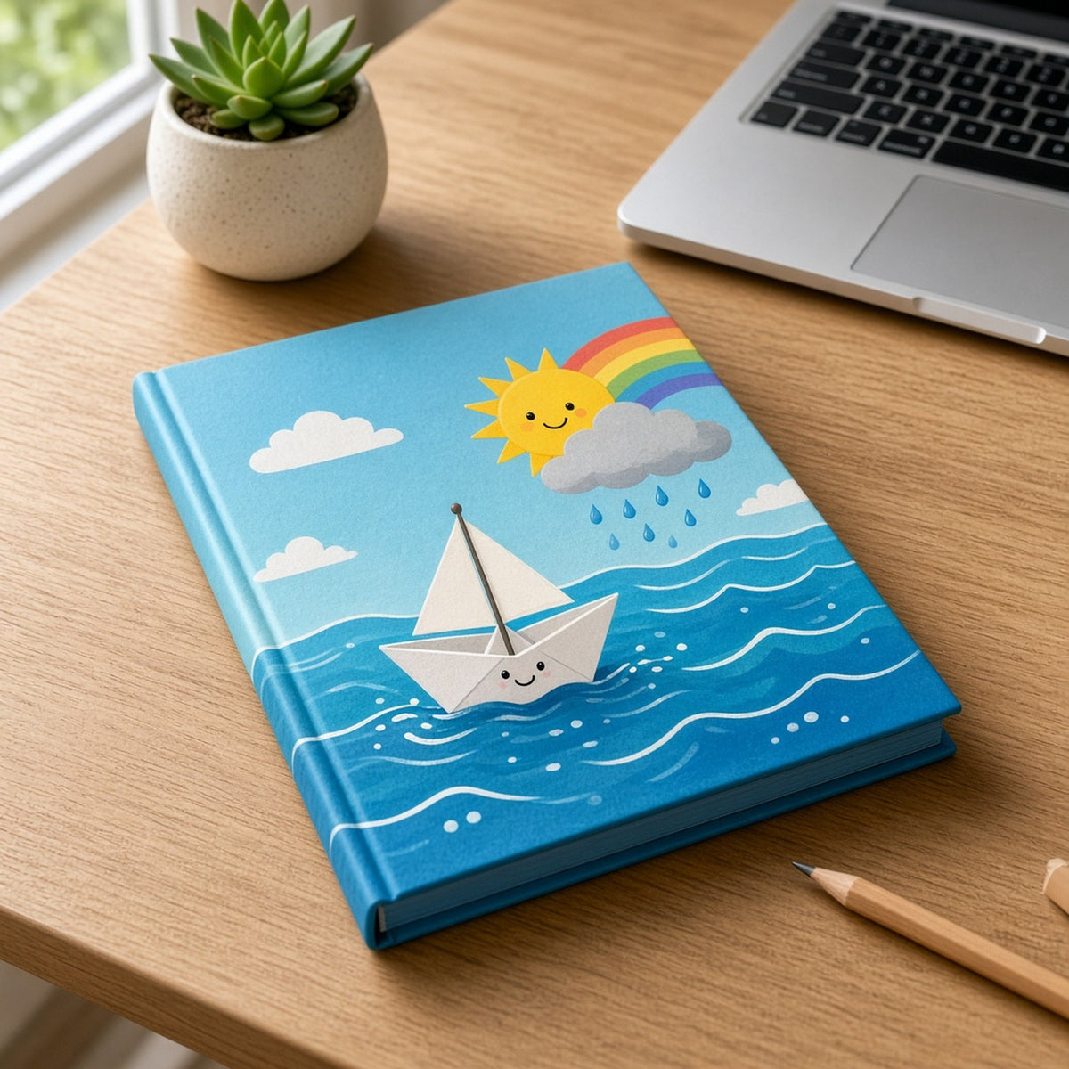 Playful cartoon paper boat sailing toward a friendly storm cloud and rainbow printed flat on a notebook cover, made with prompt #1126