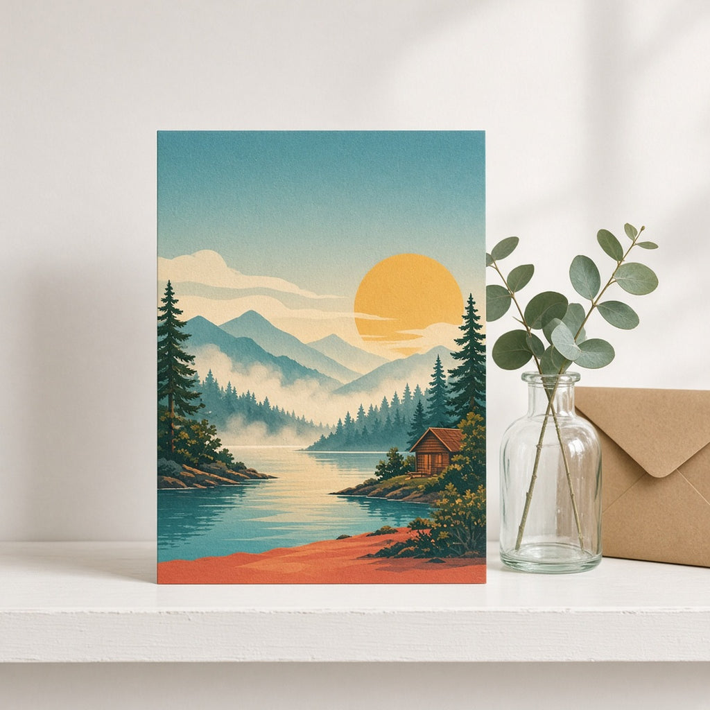Retro travel-poster misty mountain lake at sunrise with a lakeside cabin printed flat on a greeting card, made with prompt #2076