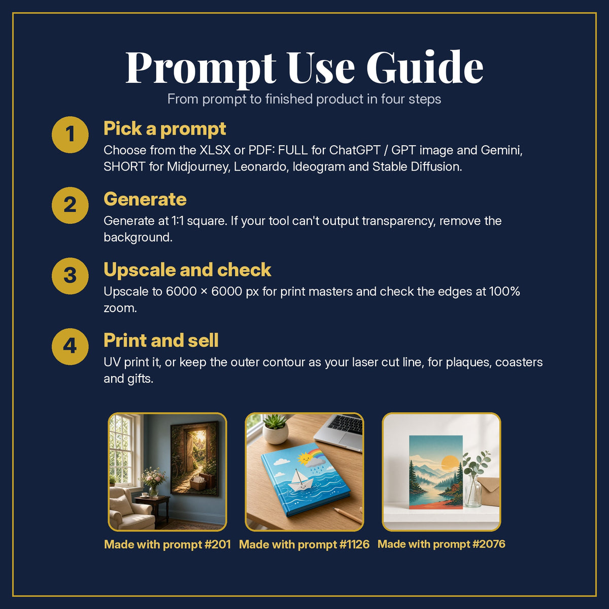 Prompt Use Guide for the Non-Fiction & Lifestyle Library: pick a prompt, generate, upscale and check, print and sell, with sample products made with the pack's prompts