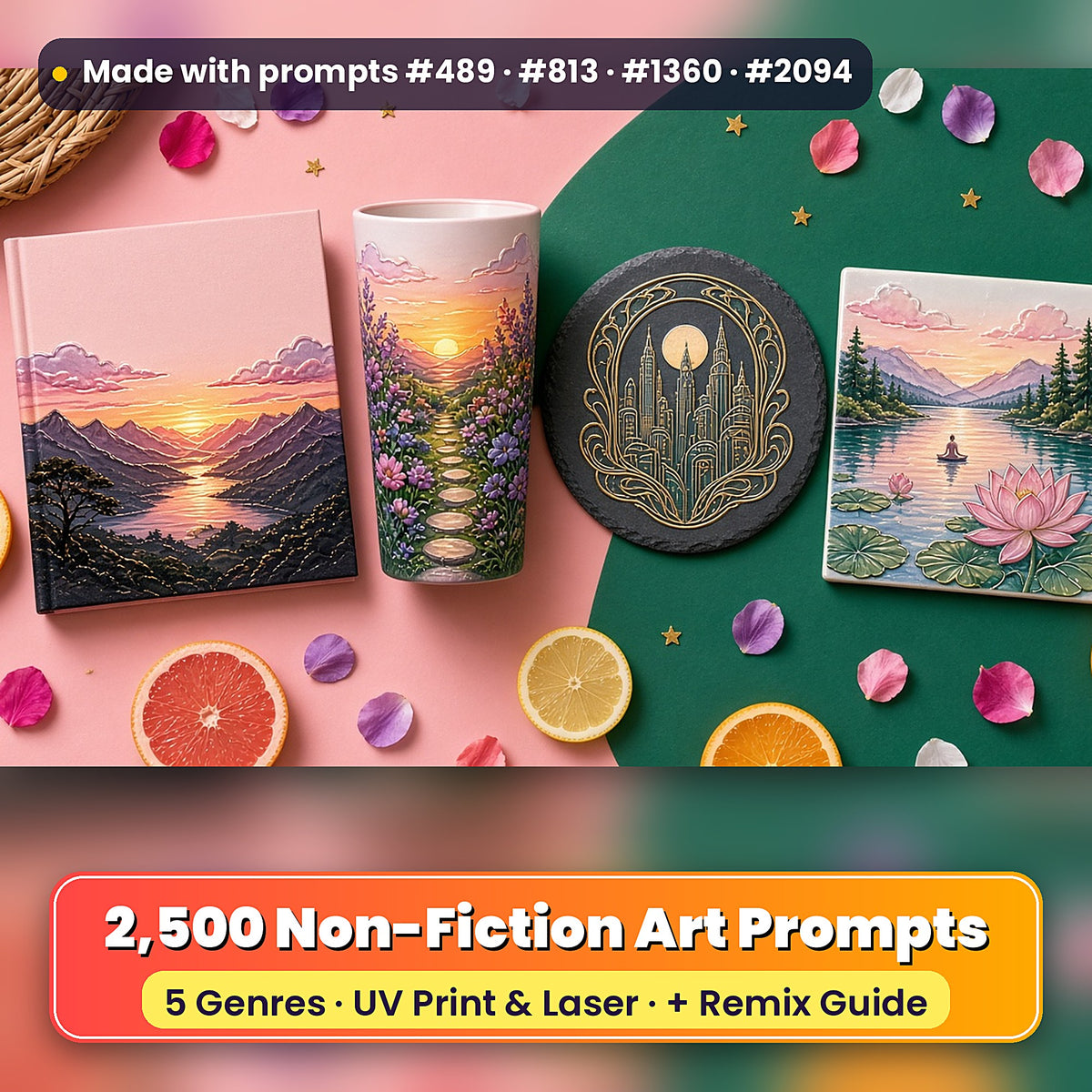 2,500 Non-Fiction Lifestyle Art Prompts Bundle: Made with prompts #489 · #813 · #1360 · #2094 – realistic UV-printed mockup