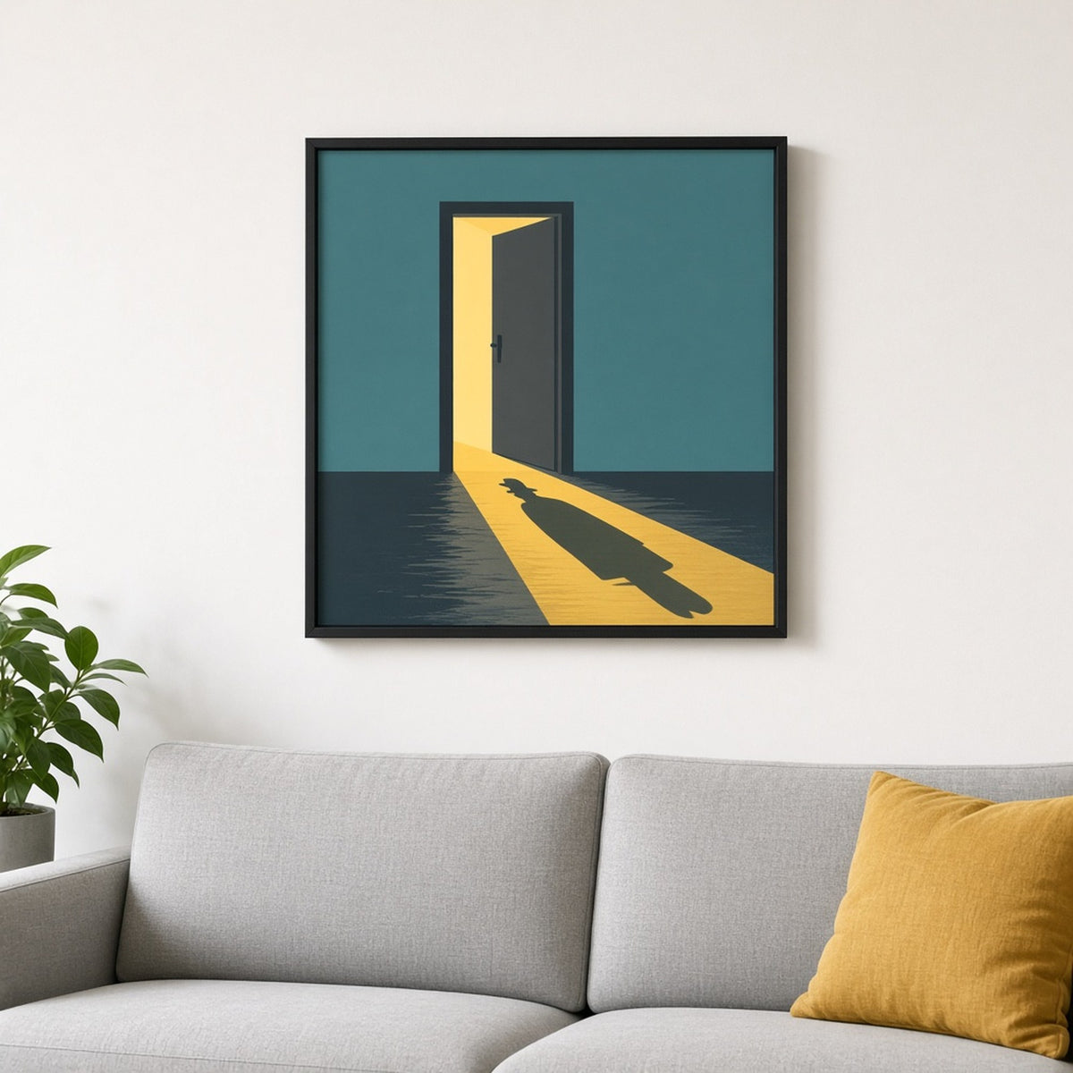 Modern minimal noir-thriller half-open doorway in a teal wall spilling yellow light across a wet street with the long shadow of a figure in a trench coat and hat printed flat on a framed print in a living room, made with prompt #1001