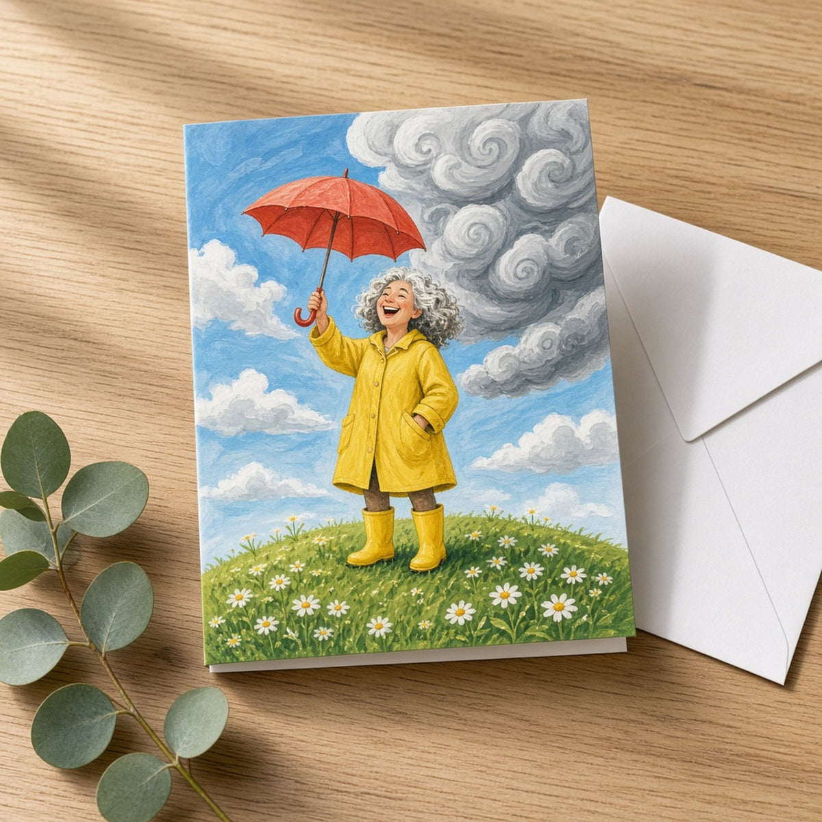 Playful whimsical grey-haired adult woman in a yellow raincoat and wellies laughing under a coral umbrella on a daisy hill as a swirly storm cloud rolls in printed flat on a greeting card, made with prompt #5626