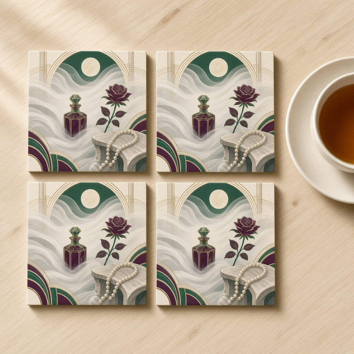 Art Deco moonlit garden with flowing bands of mist half revealing a plum perfume bottle, a long-stemmed rose and a string of pearls on a stone bench printed flat on a set of 4 coasters, made with prompt #10376