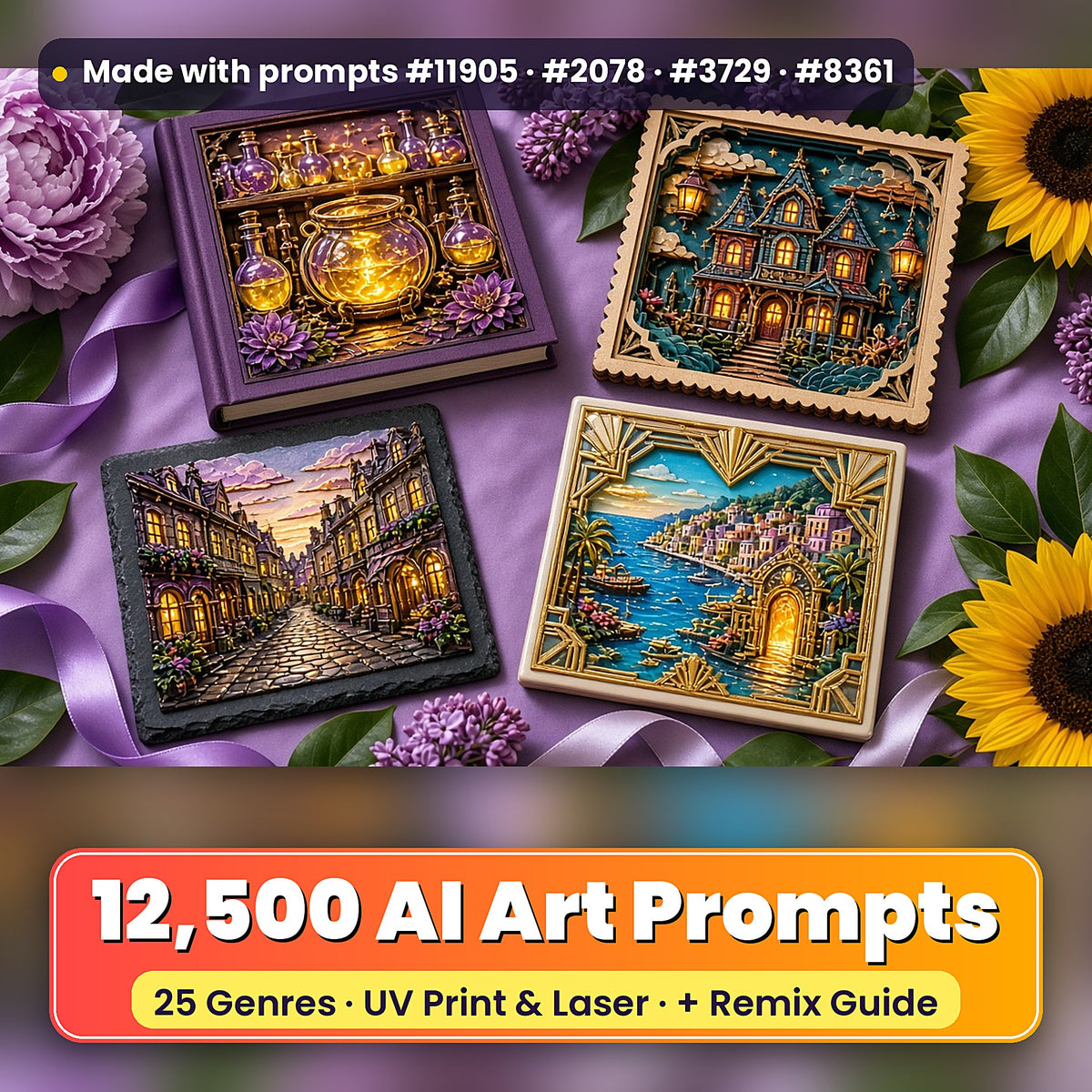 12,500 AI Art Prompts Mega Bundle: Made with prompts #11905 · #2078 · #3729 · #8361 – realistic UV-printed mockup
