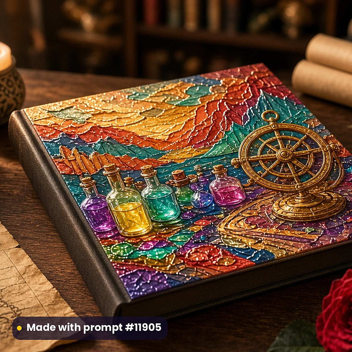 12,500 AI Art Prompts Mega Bundle: Made with prompt #11905 – realistic UV-printed mockup (Collage Style — Golden Hour)