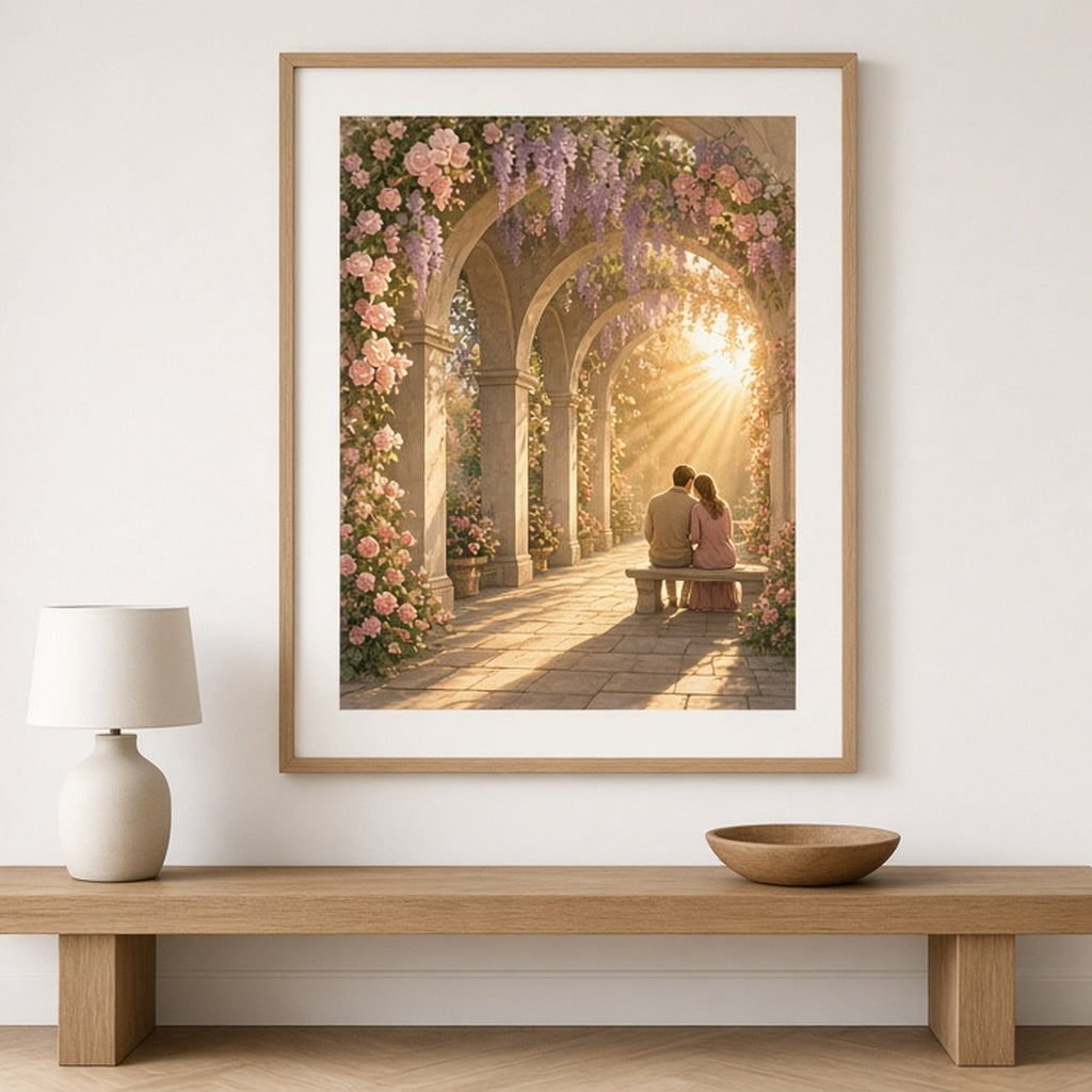 Golden-hour cloister of roses and wisteria with a couple on a bench shown as a flat framed print in a hallway, made with prompt #5