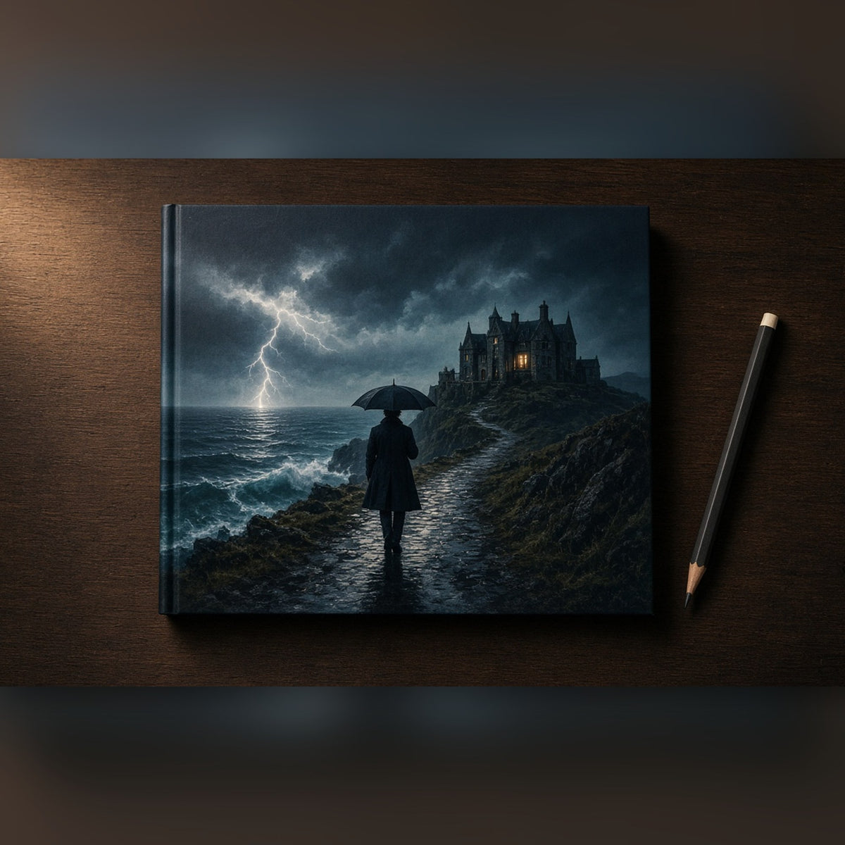 Thriller scene of a figure with an umbrella arriving at a clifftop manor in a storm printed flat on a notebook cover, made with prompt #23