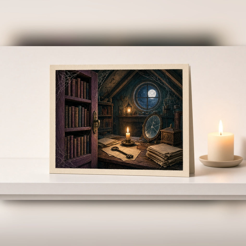 Candlelit secret attic room behind a bookcase door with an old key and letters printed flat on a greeting card, made with prompt #42