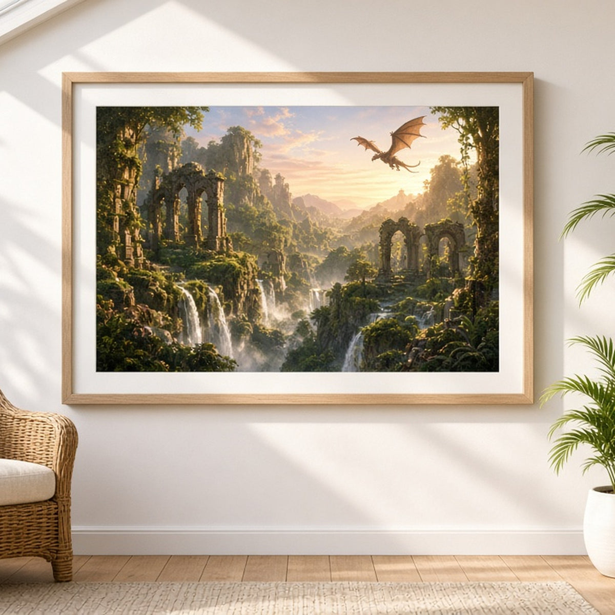Golden-hour fantasy valley of stone arches, waterfalls and a gliding dragon printed flat on a framed print in a conservatory, made with prompt #5