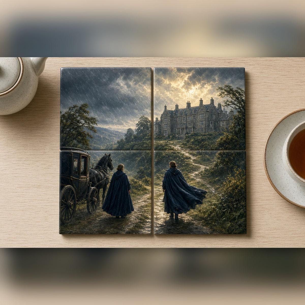 Cloaked traveller arriving by carriage at a hilltop manor in windswept rain printed flat on a set of four coasters, made with prompt #23