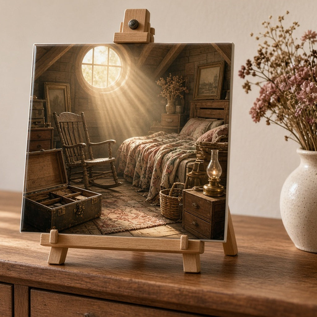 Sunlit attic hidden room with an heirloom trunk, rocking chair and quilt printed flat on a ceramic tile, made with prompt #42