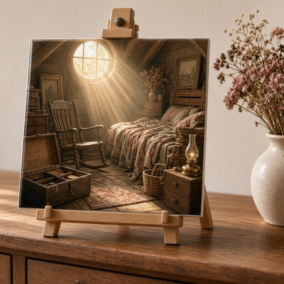 Sunlit attic hidden room with an heirloom trunk, rocking chair and quilt printed flat on a ceramic tile, made with prompt #42