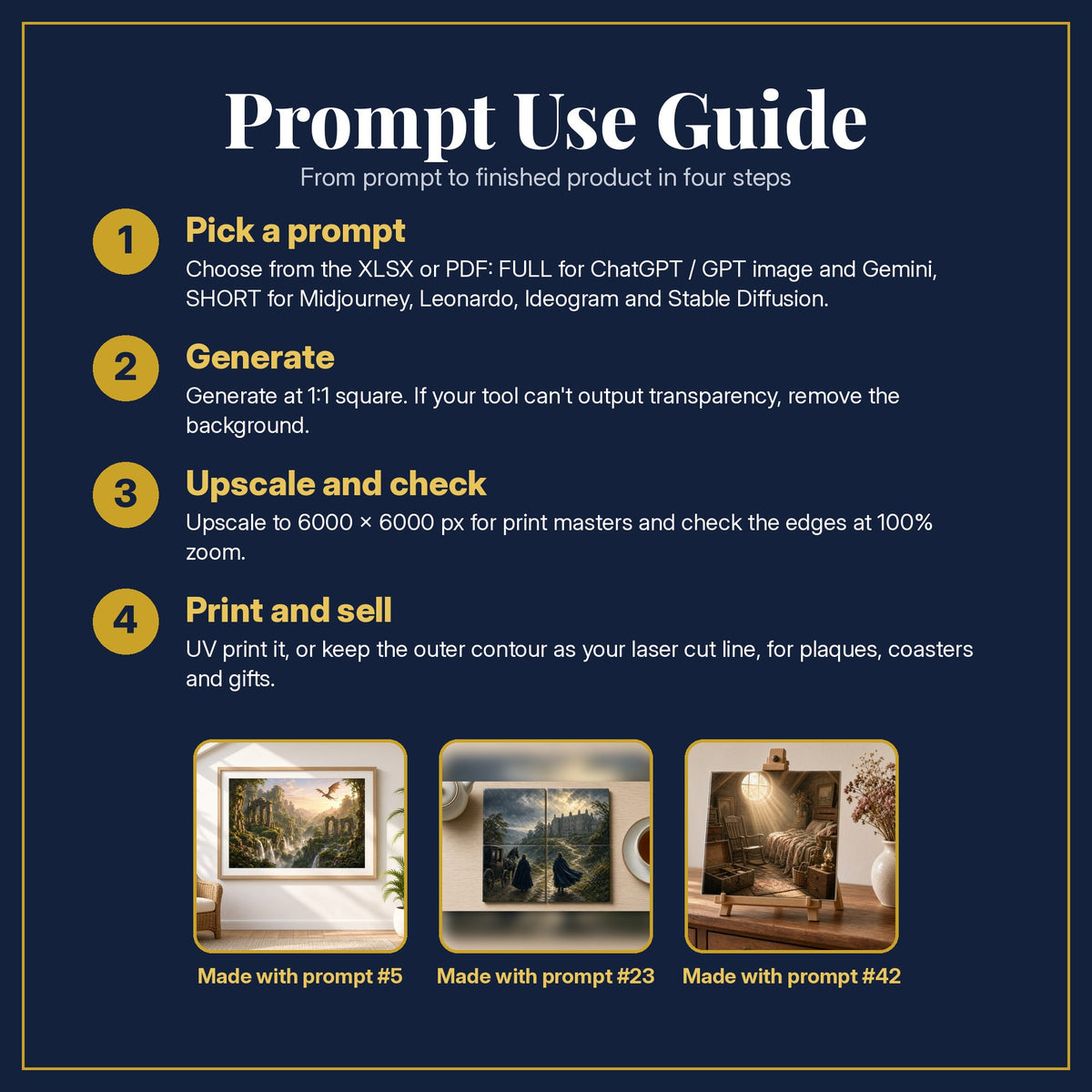 Prompt Use Guide for the Fantasy, Sci-Fi & Saga Starter Pack: pick a prompt, generate, upscale and check, print and sell, with sample products made with the pack's prompts