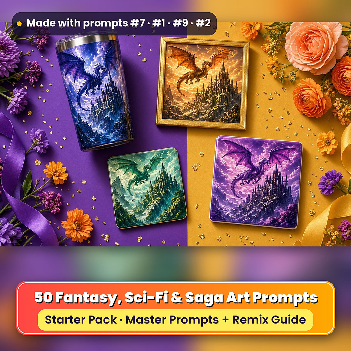 Fantasy, Sci-Fi & Saga Starter Pack: realistic UV-printed mockup, made with prompts #7 · #1 · #9 · #2