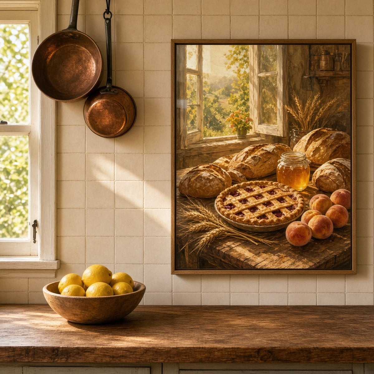 Golden-hour painting of a rustic bakery table with crusty loaves, a lattice fruit pie, honey and peaches printed flat on a framed print in a farmhouse kitchen, made with prompt #5