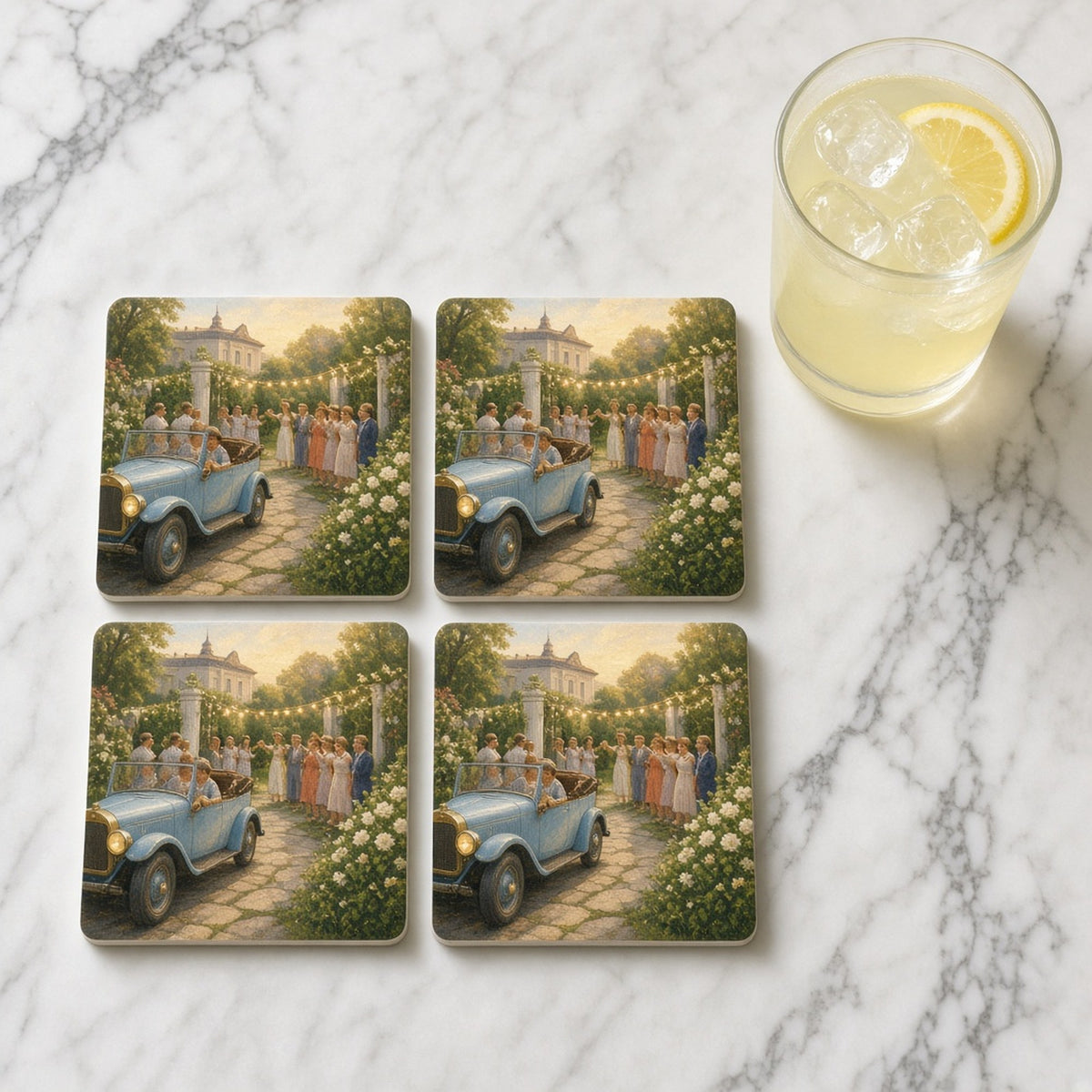 Painting of a vintage pale-blue open car arriving at a garden party with roses and string lights printed flat on a set of four coasters, made with prompt #23
