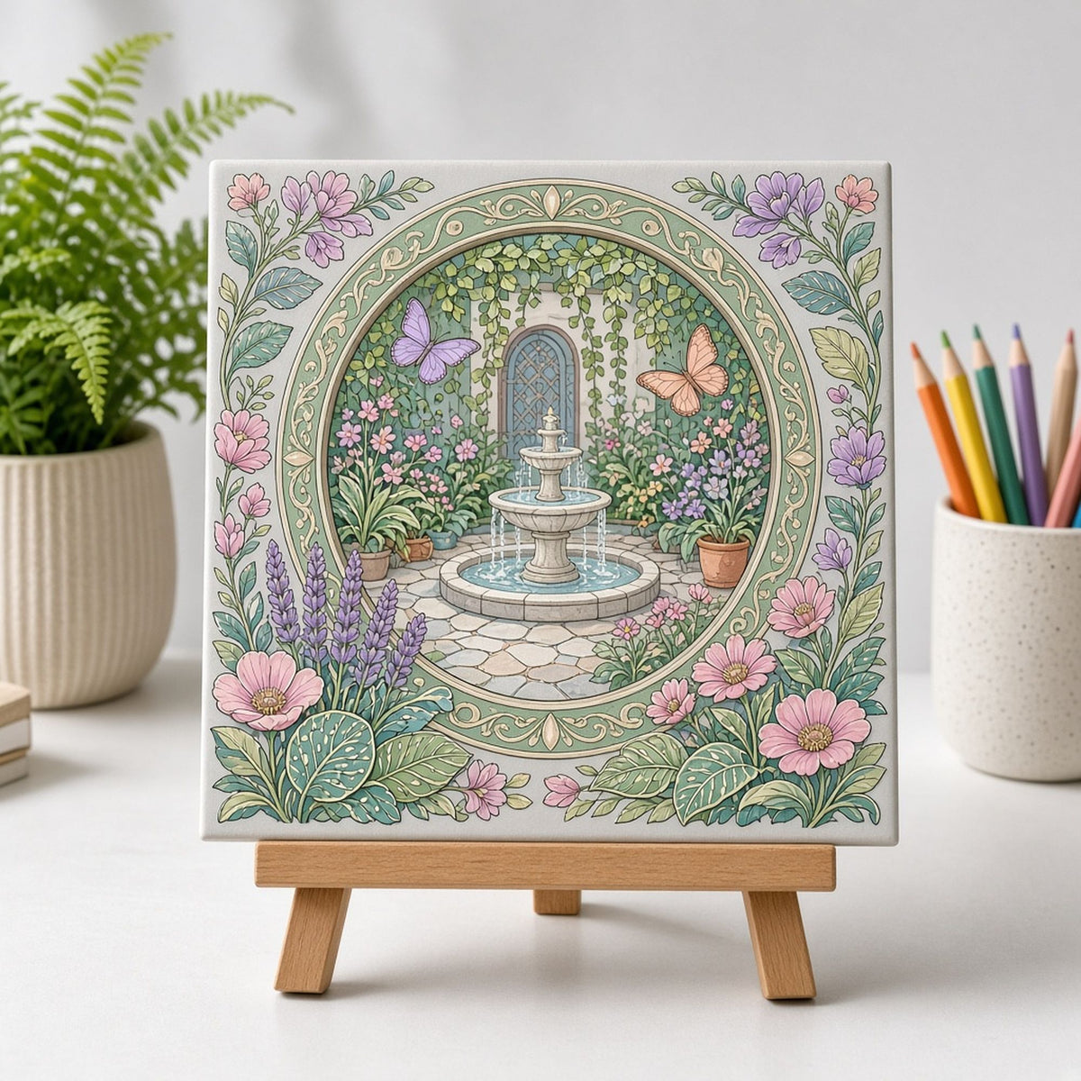 Colouring-book style secret garden room with a fountain, flowers and butterflies seen through a round doorway printed flat on a ceramic tile, made with prompt #42
