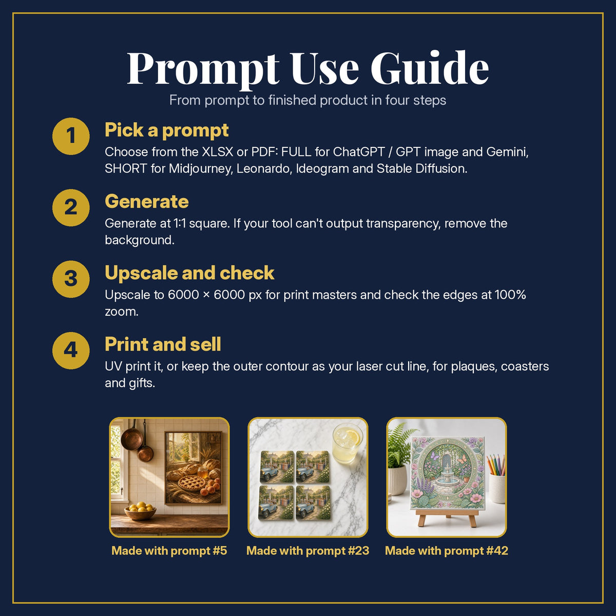 Prompt Use Guide for the Gift, Travel & Activity Books Starter Pack: pick a prompt, generate, upscale and check, print and sell, with sample products made with the pack's prompts