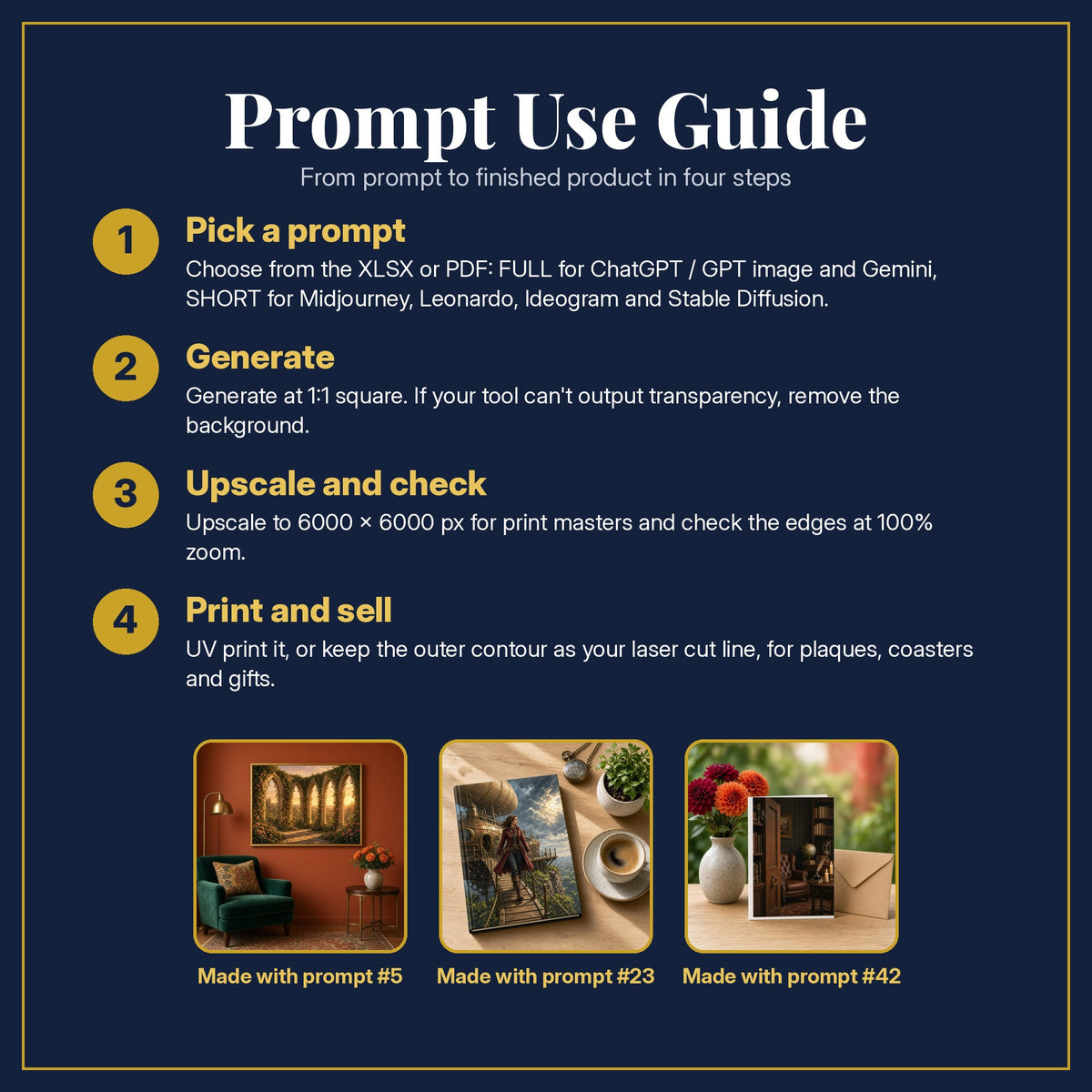 Prompt Use Guide for the Gothic, Steampunk & Academia Starter Pack: pick a prompt, generate, upscale and check, print and sell, with sample products made with the pack's prompts