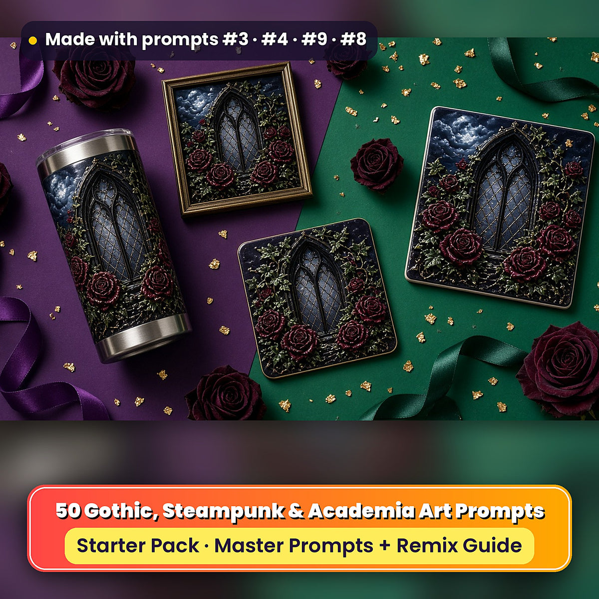 Gothic, Steampunk & Academia Starter Pack: realistic UV-printed mockup, made with prompts #3 · #4 · #9 · #8