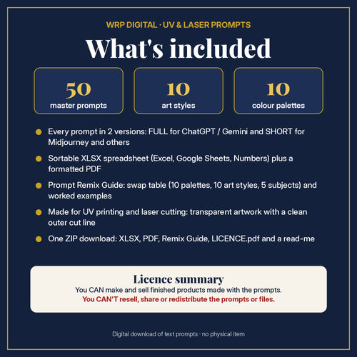 What's included in the Bestseller Starter Pack: 50 master prompts, 10 art styles, 10 colour palettes, XLSX and PDF, Prompt Remix Guide and licence summary