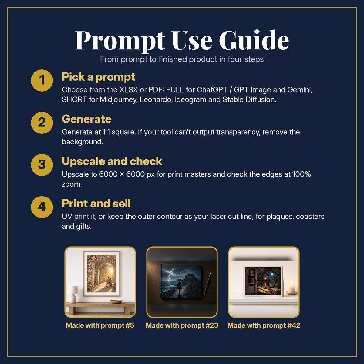 Prompt Use Guide for the Bestseller Starter Pack: pick a prompt, generate, upscale and check, print and sell, with sample products made with the pack's prompts