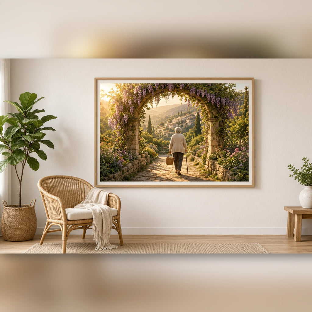 Golden-hour wisteria archway over a stone path to a hillside village with an older woman walking with a cane and basket printed flat on a framed print in a living room, made with prompt #5